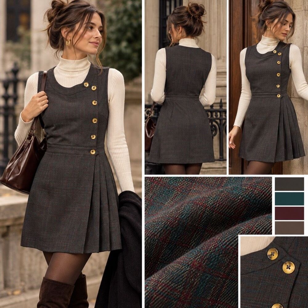 Miss Patina London Plaid Mini Dress S Gold Button Dark Academia Mod Preppy